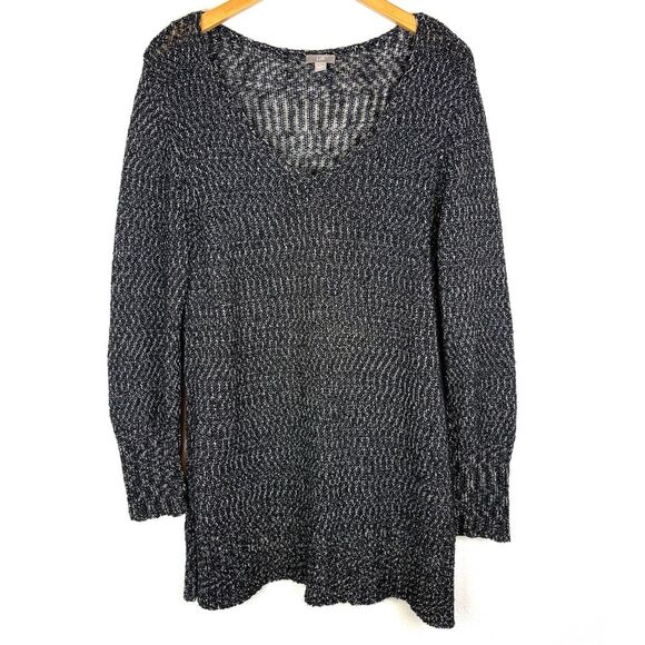 J. Jill Marled Black Knit Deep V-Neck Tunic Sweater size large - Picture 1 of 5